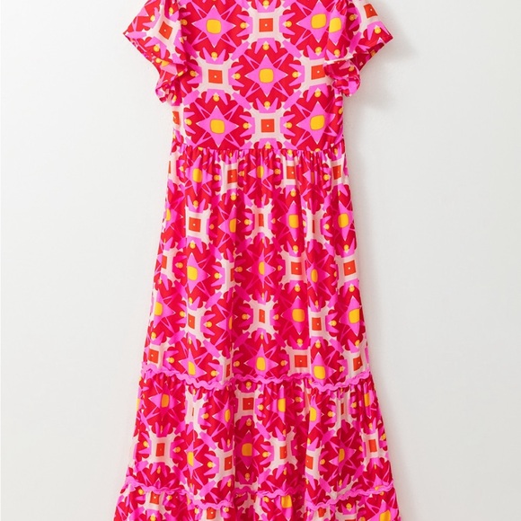 Strawberry Pink Geo Print V-neck Maxi Dress Bohemian Long Dress - Picture 11 of 12